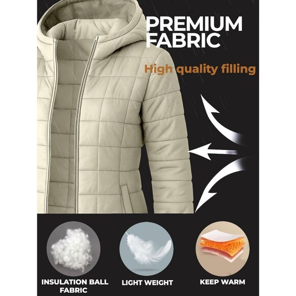 Women's Puffer Jacket Hood 32 Degree Quilted Winter Puff Foldable Jacket Cream - Picture 7 of 7